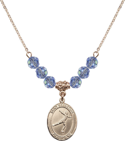 14kt Gold Filled Saint Sebastian/Figure Skating Birthstone Necklace with Light Sapphire Beads - 8177
