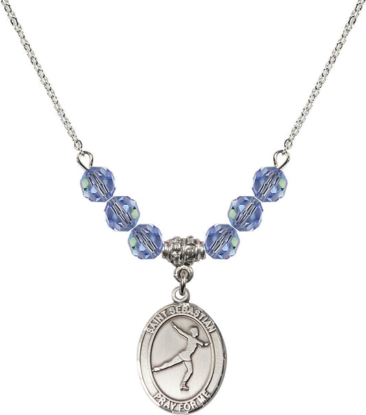Sterling Silver Saint Sebastian/Figure Skating Birthstone Necklace with Light Sapphire Beads - 8177