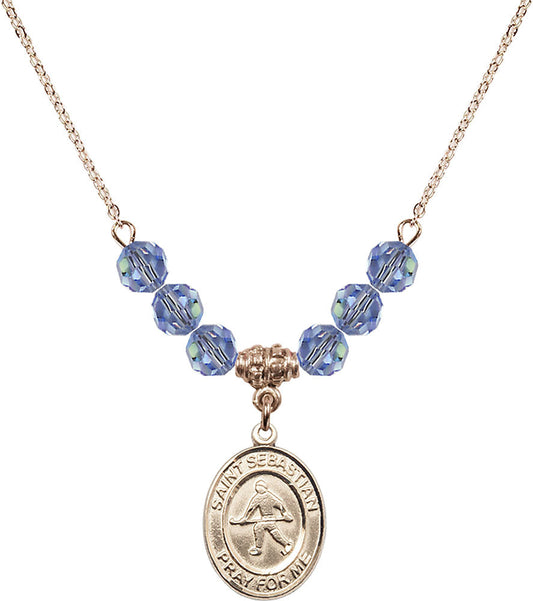 14kt Gold Filled Saint Sebastian/Field Hockey Birthstone Necklace with Light Sapphire Beads - 8178