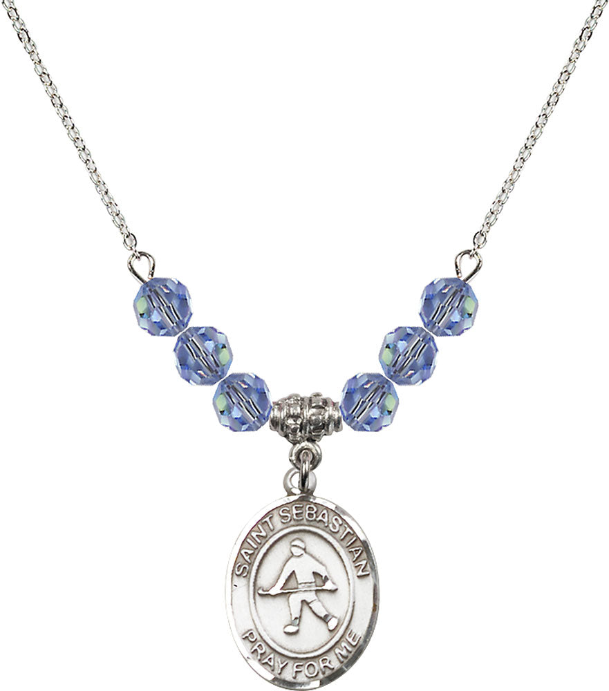 Sterling Silver Saint Sebastian/Field Hockey Birthstone Necklace with Light Sapphire Beads - 8178