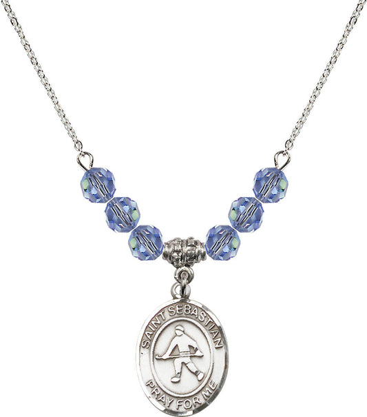 Sterling Silver Saint Sebastian/Field Hockey Birthstone Necklace with Light Sapphire Beads - 8178