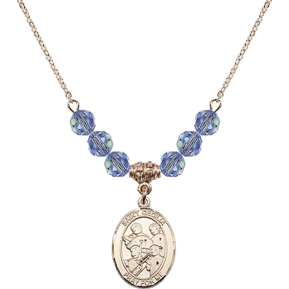 14kt Gold Filled Saint Cecilia / Marching Band Birthstone Necklace with Light Sapphire Beads - 8179