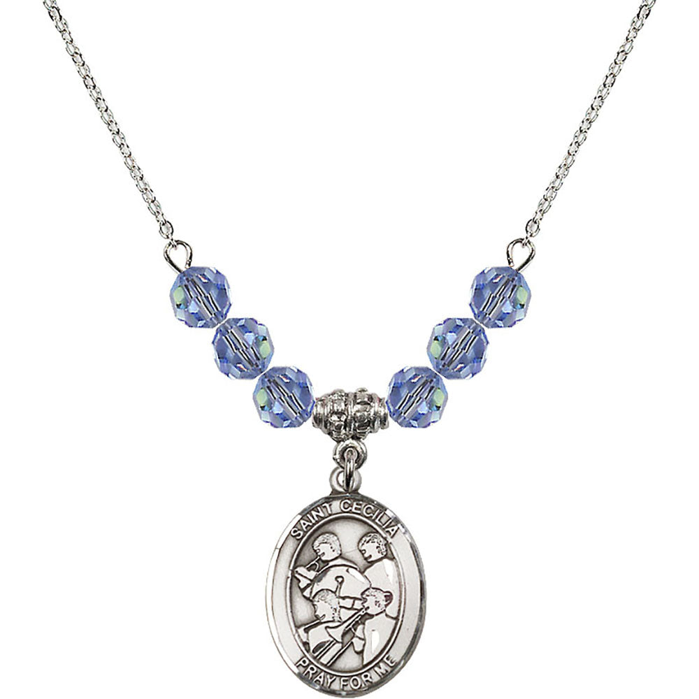 Sterling Silver Saint Cecilia / Marching Band Birthstone Necklace with Light Sapphire Beads - 8179