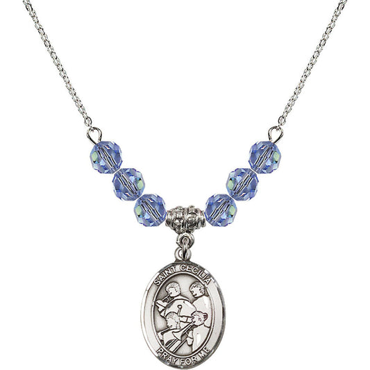 Sterling Silver Saint Cecilia / Marching Band Birthstone Necklace with Light Sapphire Beads - 8179