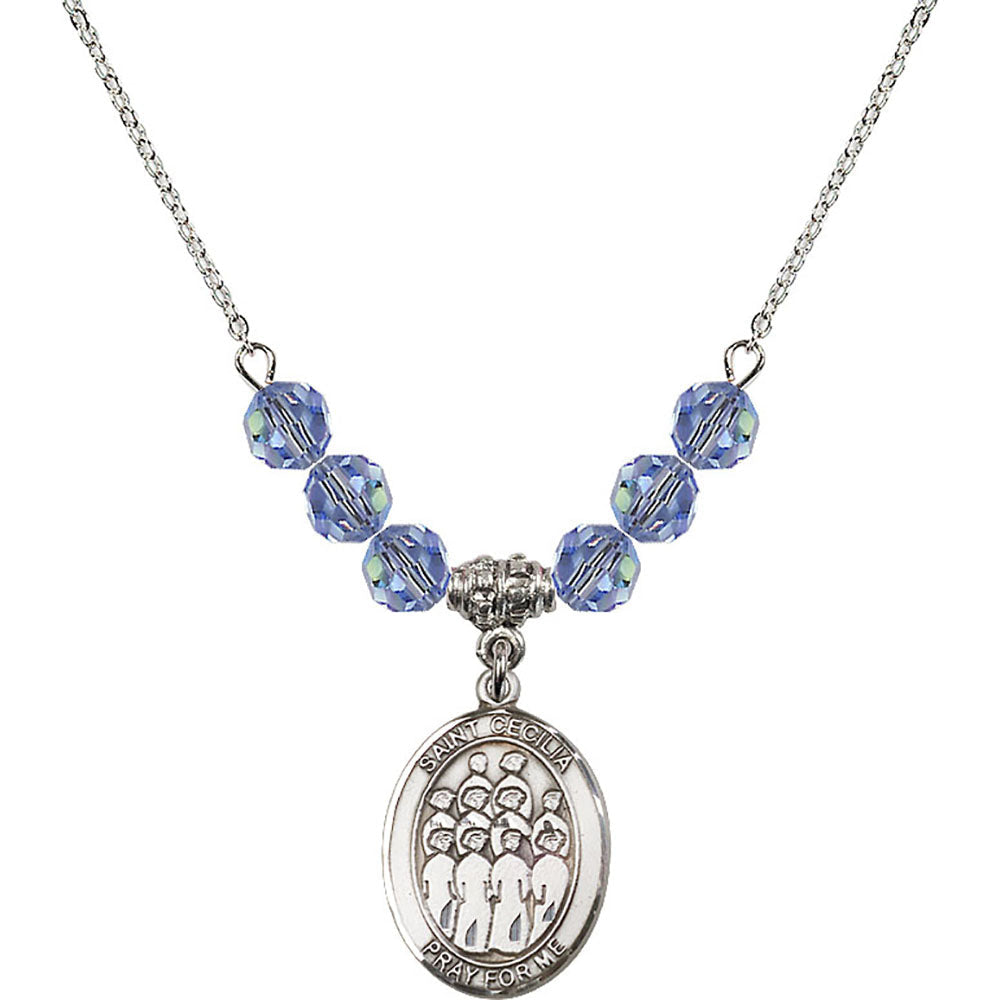 Sterling Silver Saint Cecilia / Choir Birthstone Necklace with Light Sapphire Beads - 8180