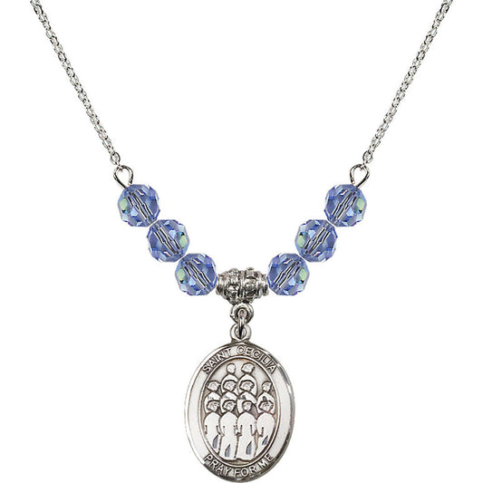 Sterling Silver Saint Cecilia / Choir Birthstone Necklace with Light Sapphire Beads - 8180