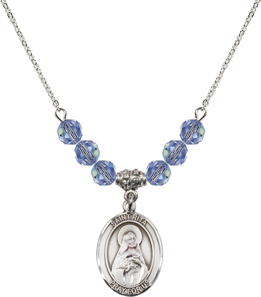 Sterling Silver Saint Rita / Baseball Birthstone Necklace with Light Sapphire Beads - 8181