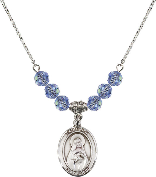 Sterling Silver Saint Rita / Baseball Birthstone Necklace with Light Sapphire Beads - 8181