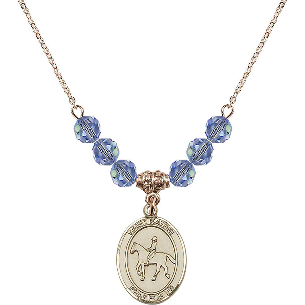 14kt Gold Filled Saint Kateri/Equestrian Birthstone Necklace with Light Sapphire Beads - 8182
