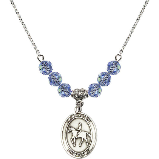 Sterling Silver Saint Kateri/Equestrian Birthstone Necklace with Light Sapphire Beads - 8182