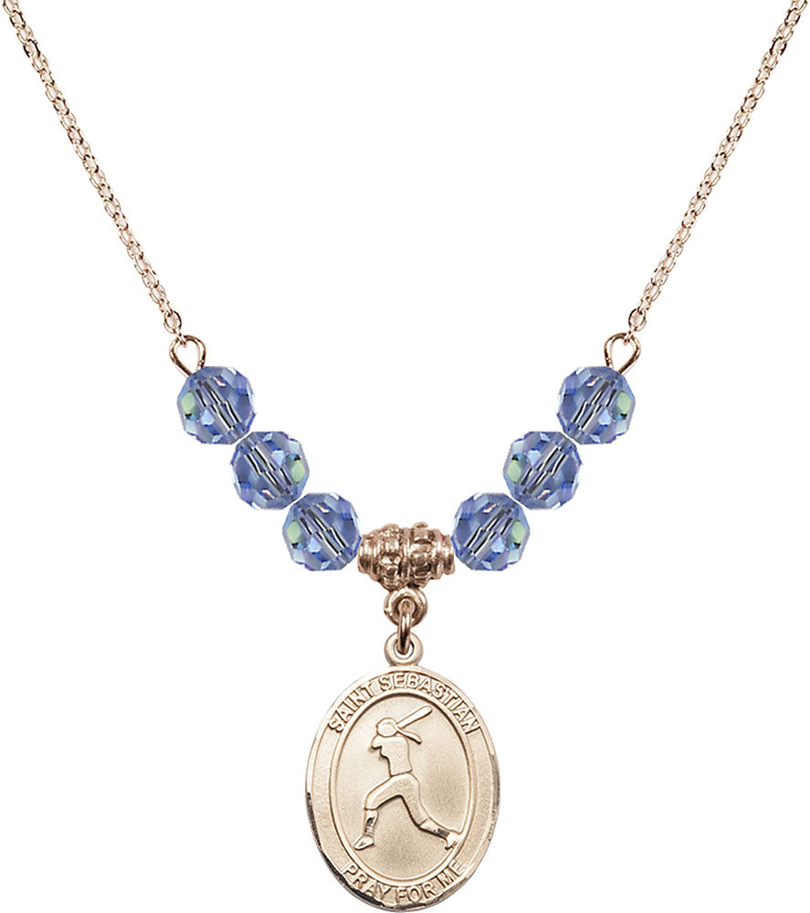 14kt Gold Filled Saint Sebastian / Softball Birthstone Necklace with Light Sapphire Beads - 8183