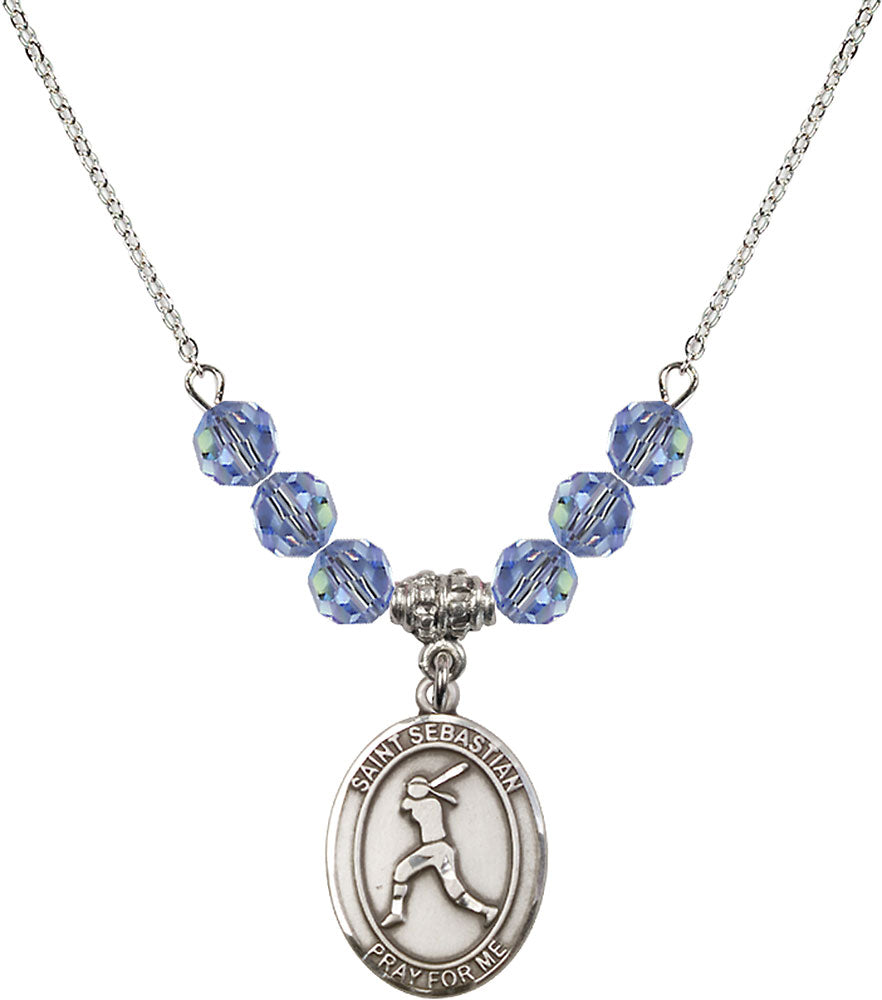 Sterling Silver Saint Sebastian / Softball Birthstone Necklace with Light Sapphire Beads - 8183