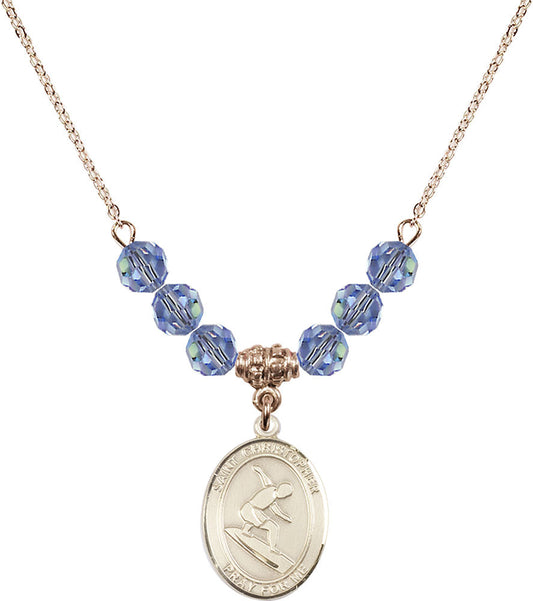 14kt Gold Filled Saint Christopher/Surfing Birthstone Necklace with Light Sapphire Beads - 8184