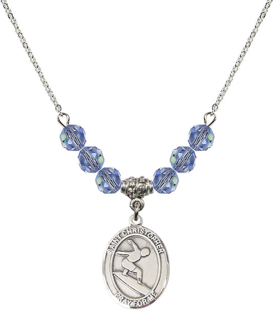 Sterling Silver Saint Christopher/Surfing Birthstone Necklace with Light Sapphire Beads - 8184
