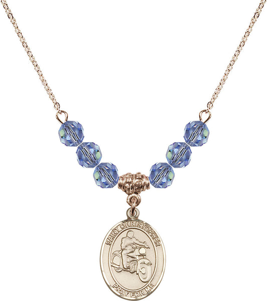 14kt Gold Filled Saint Christopher/Motorcycle Birthstone Necklace with Light Sapphire Beads - 8185
