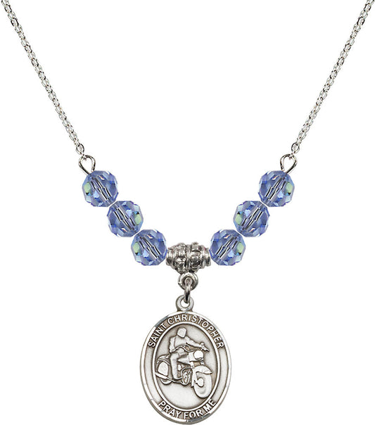 Sterling Silver Saint Christopher/Motorcycle Birthstone Necklace with Light Sapphire Beads - 8185
