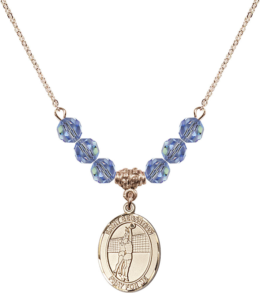 14kt Gold Filled Saint Sebastian / Volleyball Birthstone Necklace with Light Sapphire Beads - 8186