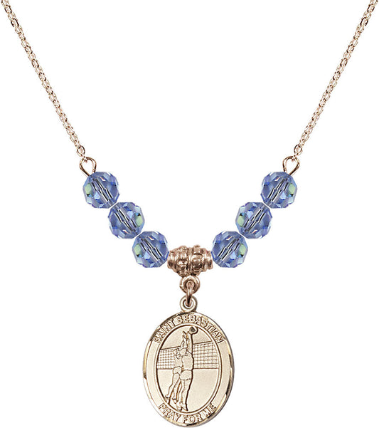 14kt Gold Filled Saint Sebastian / Volleyball Birthstone Necklace with Light Sapphire Beads - 8186
