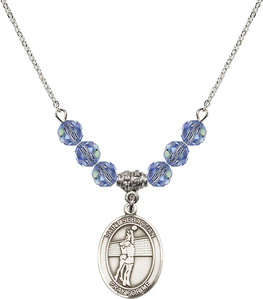 Sterling Silver Saint Sebastian / Volleyball Birthstone Necklace with Light Sapphire Beads - 8186
