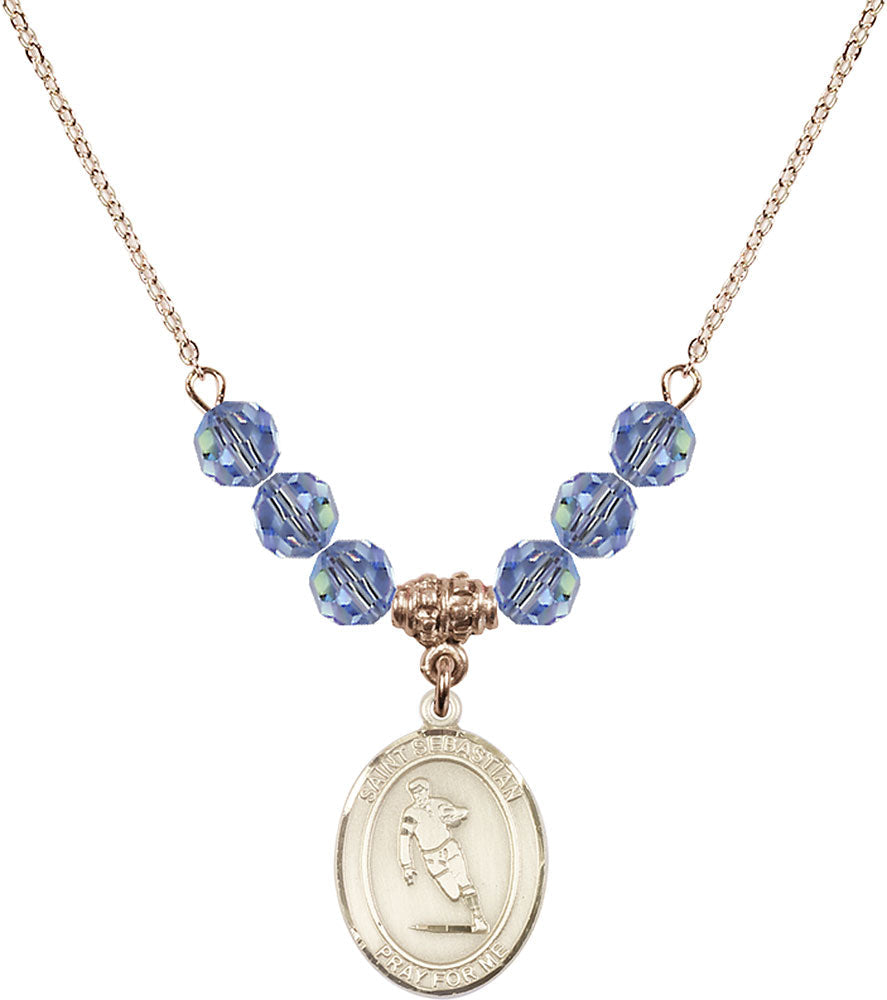 14kt Gold Filled Saint Sebastian / Rugby Birthstone Necklace with Light Sapphire Beads - 8187