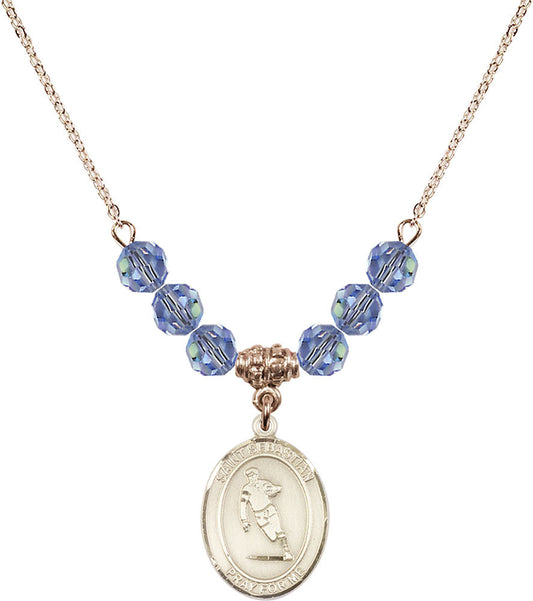 14kt Gold Filled Saint Sebastian / Rugby Birthstone Necklace with Light Sapphire Beads - 8187