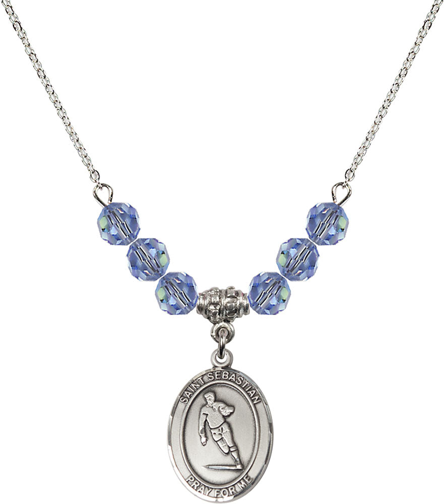 Sterling Silver Saint Sebastian / Rugby Birthstone Necklace with Light Sapphire Beads - 8187