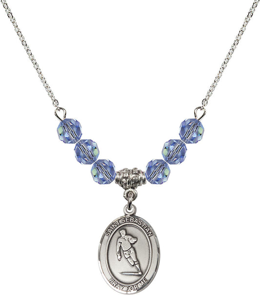 Sterling Silver Saint Sebastian / Rugby Birthstone Necklace with Light Sapphire Beads - 8187
