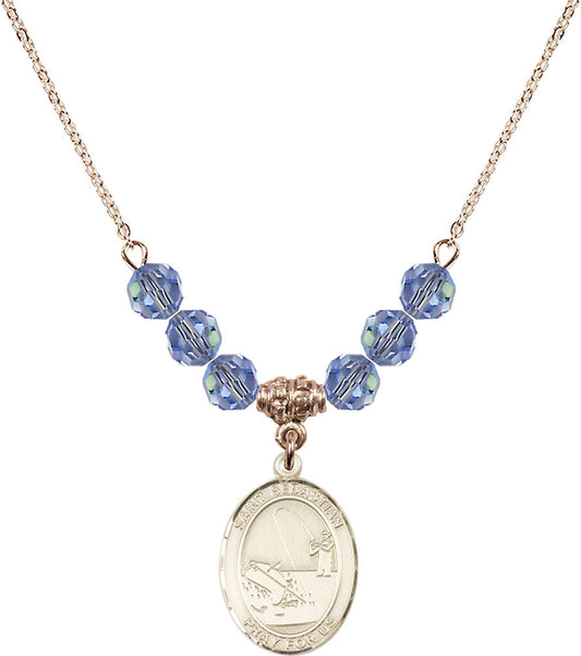 14kt Gold Filled Saint Sebastian / Fishing Birthstone Necklace with Light Sapphire Beads - 8188