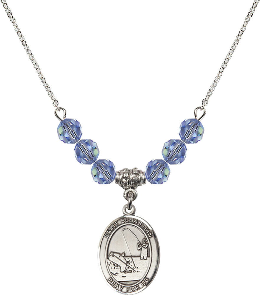 Sterling Silver Saint Sebastian / Fishing Birthstone Necklace with Light Sapphire Beads - 8188
