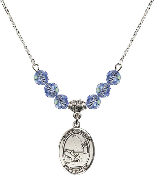 Sterling Silver Saint Sebastian / Fishing Birthstone Necklace with Light Sapphire Beads - 8188