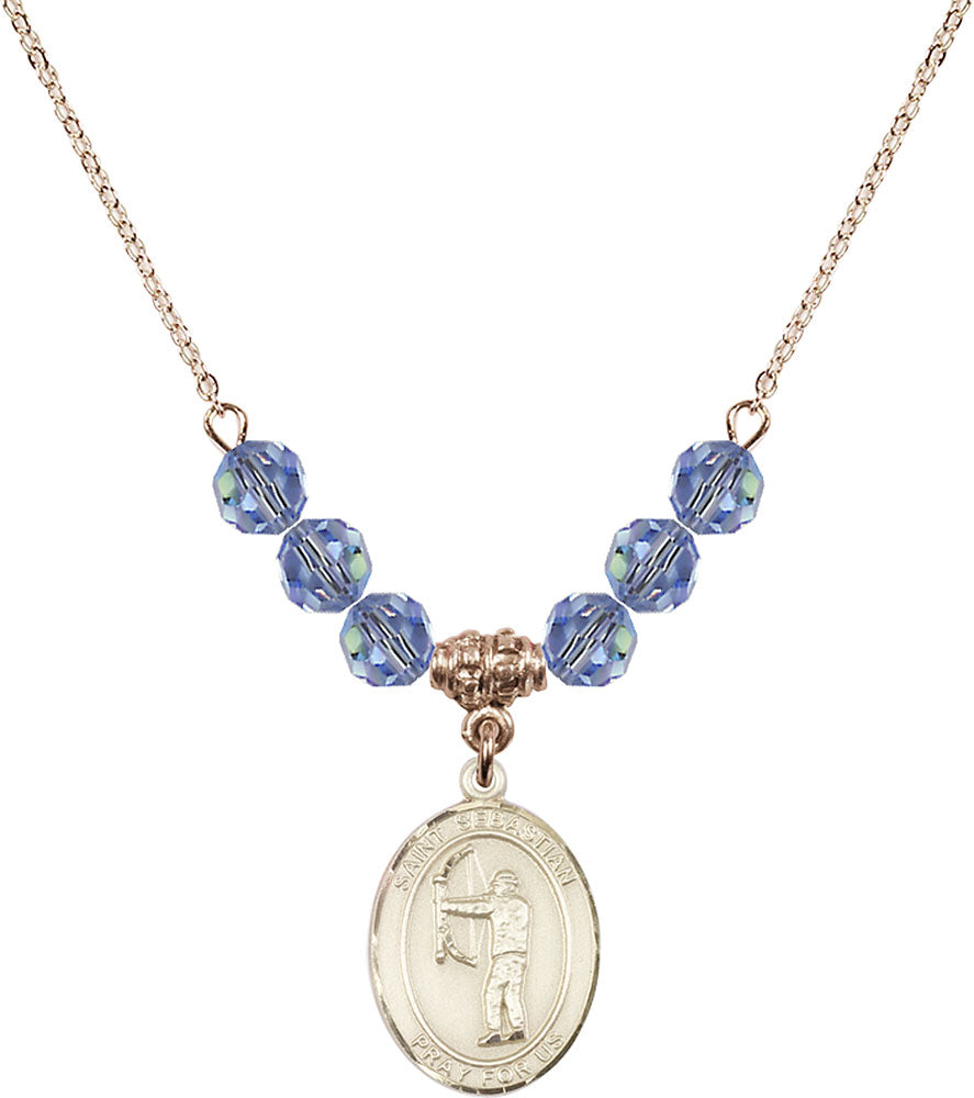14kt Gold Filled Saint Sebastian / Archery Birthstone Necklace with Light Sapphire Beads - 8189