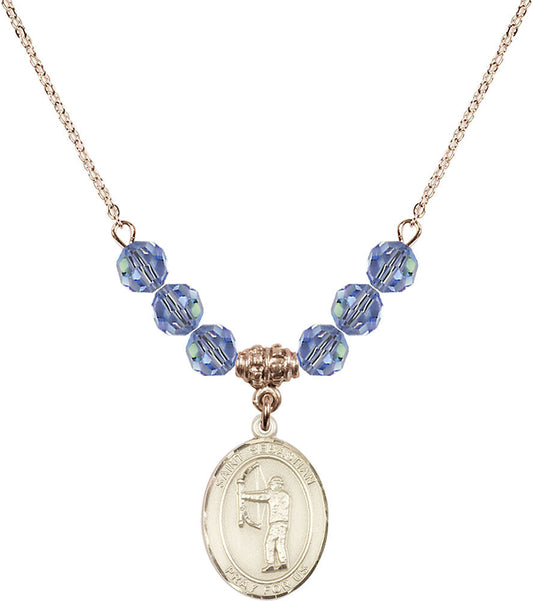 14kt Gold Filled Saint Sebastian / Archery Birthstone Necklace with Light Sapphire Beads - 8189