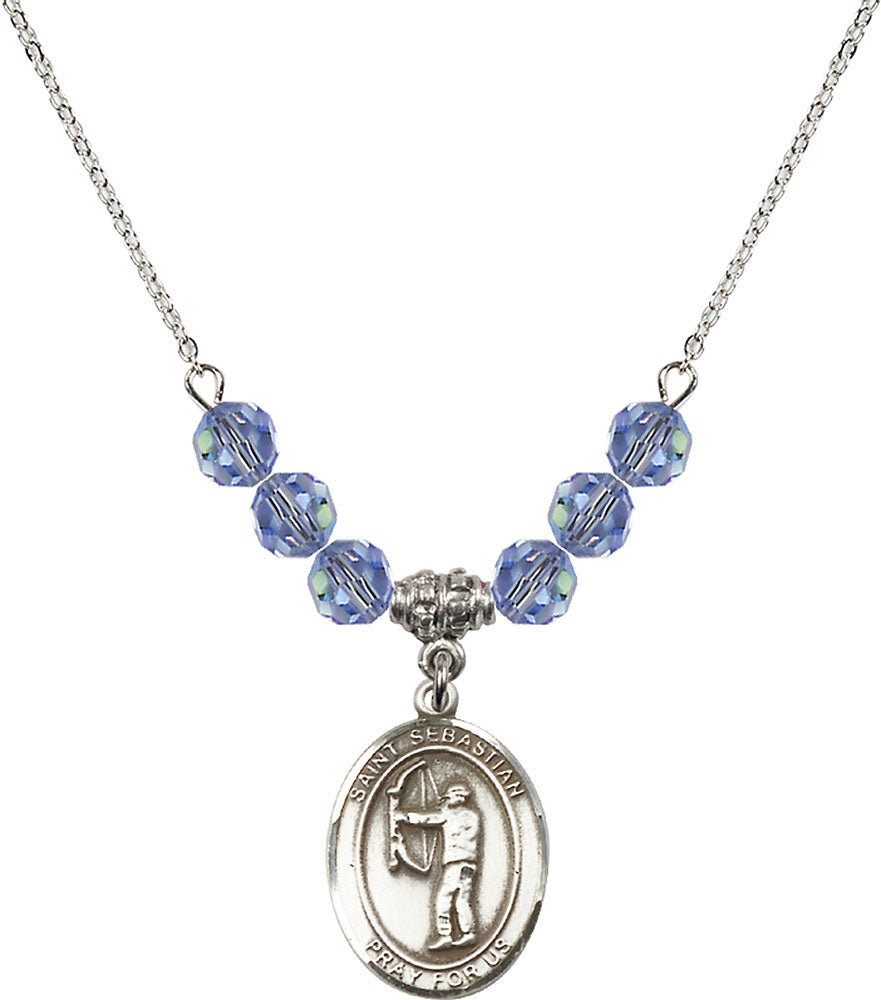 Sterling Silver Saint Sebastian / Archery Birthstone Necklace with Light Sapphire Beads - 8189