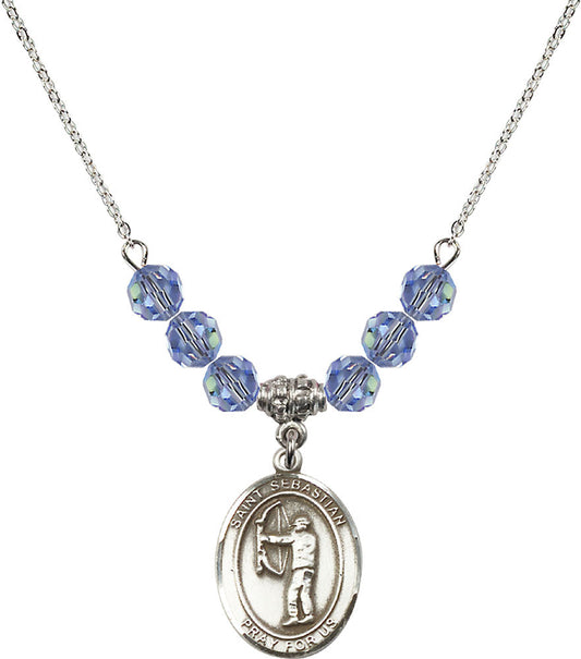 Sterling Silver Saint Sebastian / Archery Birthstone Necklace with Light Sapphire Beads - 8189