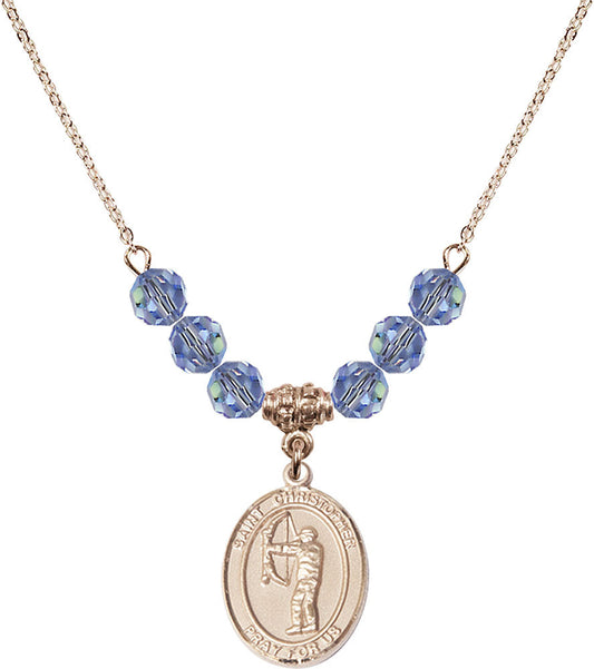 14kt Gold Filled Saint Christopher/Archery Birthstone Necklace with Light Sapphire Beads - 8190