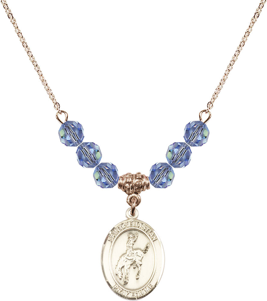 14kt Gold Filled Saint Sebastian / Rodeo Birthstone Necklace with Light Sapphire Beads - 8191