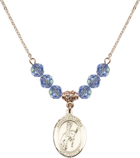 14kt Gold Filled Saint Sebastian / Rodeo Birthstone Necklace with Light Sapphire Beads - 8191