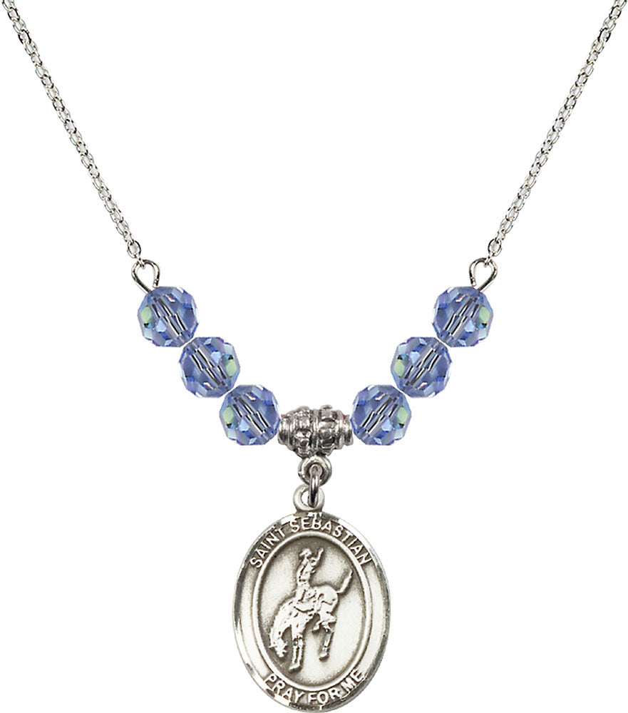 Sterling Silver Saint Sebastian / Rodeo Birthstone Necklace with Light Sapphire Beads - 8191
