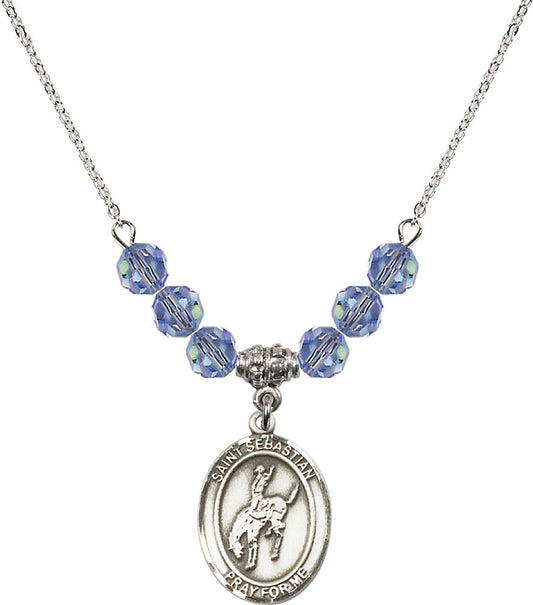 Sterling Silver Saint Sebastian / Rodeo Birthstone Necklace with Light Sapphire Beads - 8191