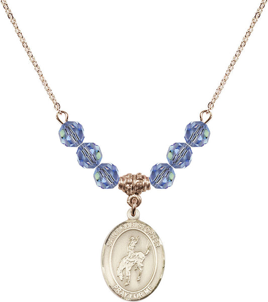 14kt Gold Filled Saint Christopher / Rodeo Birthstone Necklace with Light Sapphire Beads - 8192