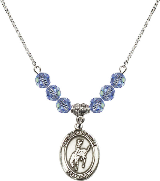 Sterling Silver Saint Christopher / Rodeo Birthstone Necklace with Light Sapphire Beads - 8192