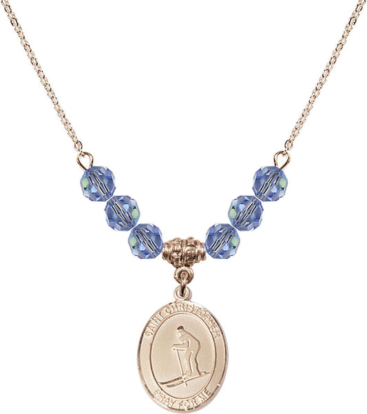 14kt Gold Filled Saint Christopher / Skiing Birthstone Necklace with Light Sapphire Beads - 8193