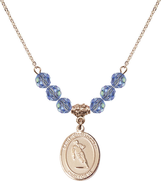 14kt Gold Filled Saint Christopher / Rugby Birthstone Necklace with Light Sapphire Beads - 8194