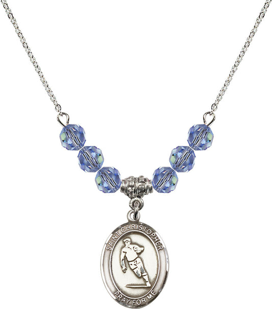 Sterling Silver Saint Christopher / Rugby Birthstone Necklace with Light Sapphire Beads - 8194