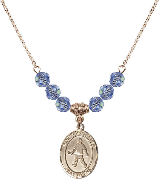 14kt Gold Filled Saint Christopher / Field Hockey Birthstone Necklace with Light Sapphire Beads - 8195