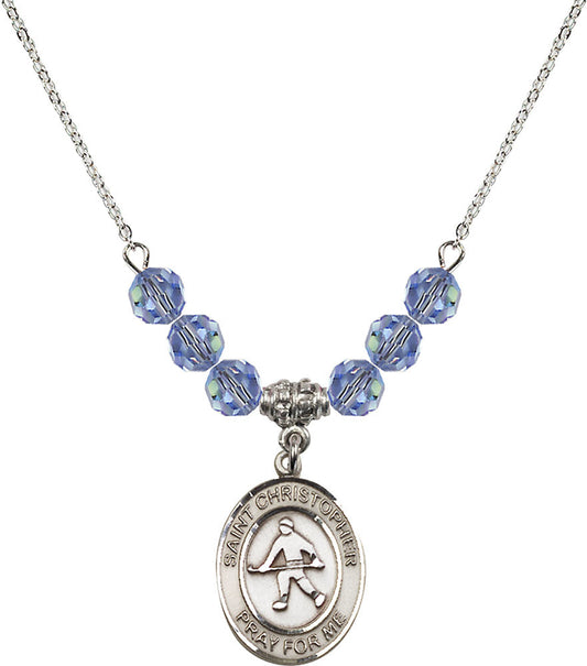 Sterling Silver Saint Christopher / Field Hockey Birthstone Necklace with Light Sapphire Beads - 8195