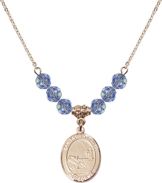 14kt Gold Filled Saint Christopher / Fishing Birthstone Necklace with Light Sapphire Beads - 8196
