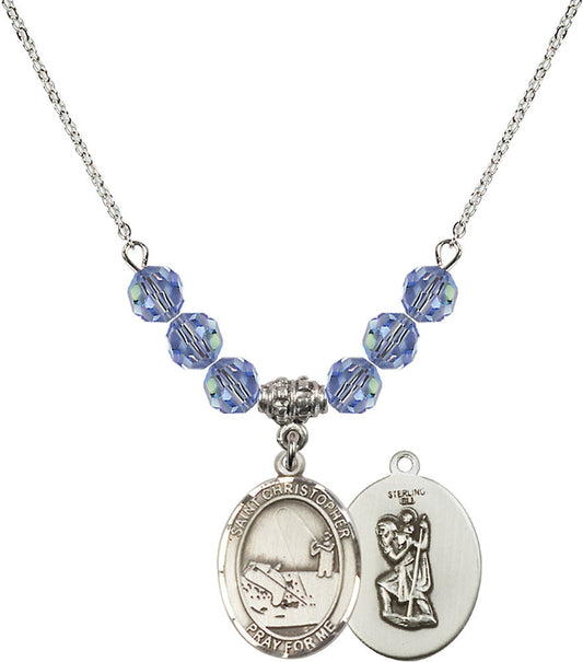 Sterling Silver Saint Christopher / Fishing Birthstone Necklace with Light Sapphire Beads - 8196