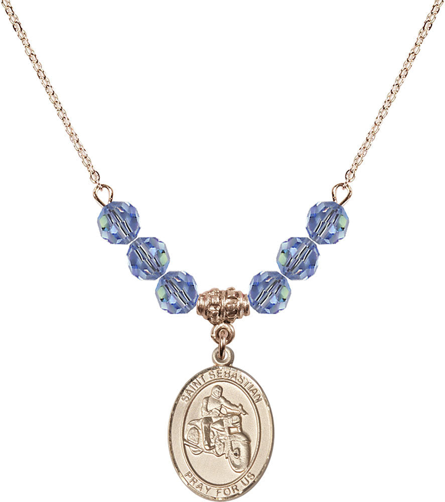 14kt Gold Filled Saint Sebastian / Motorcycle Birthstone Necklace with Light Sapphire Beads - 8197