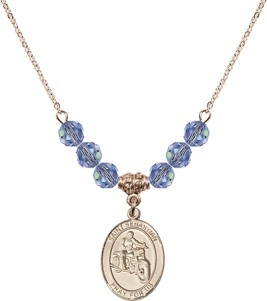 14kt Gold Filled Saint Sebastian / Motorcycle Birthstone Necklace with Light Sapphire Beads - 8197